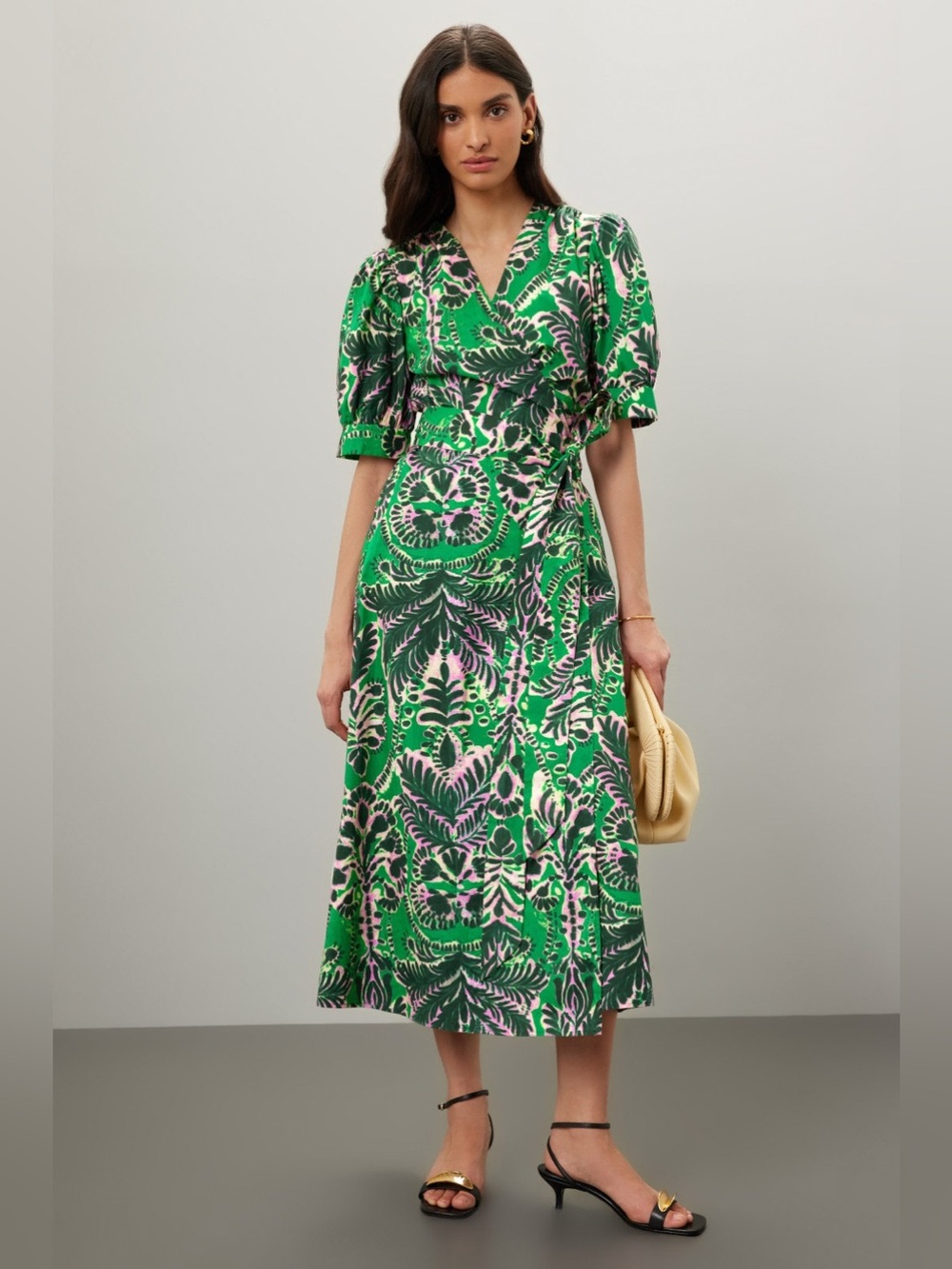 Marie Oliver Rita midi dress wrap kelly green print puff sleeve tie front cotton